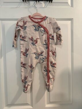 Hummingbird Print Cream Footed One-Piece with Mauve Trim